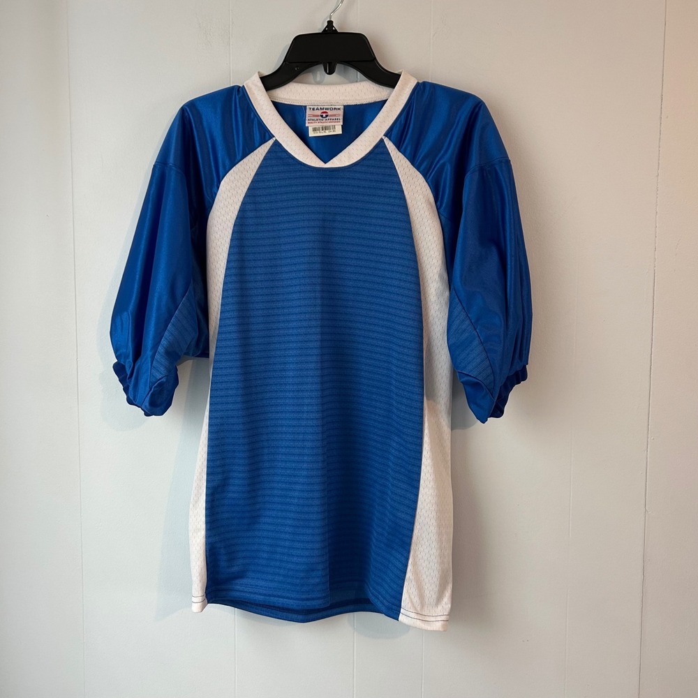 Teamwork Athletic Apparel Blue‎ White Mesh Panel V Neck Jersey Men L XL